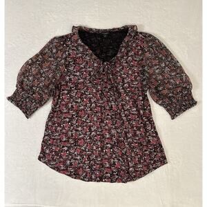 Lucky Brand Tie Front Peasant Blouse Size XL Puff Sleeve Ruffle Cottage Bohemian